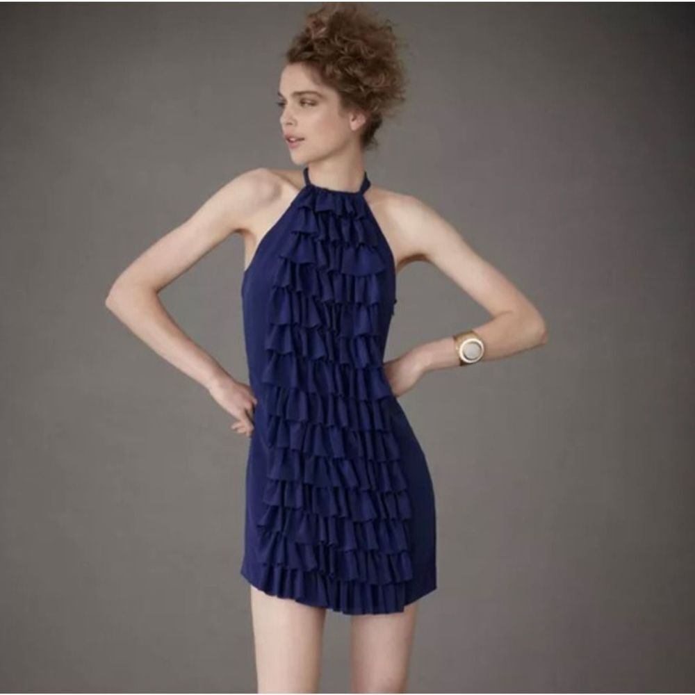 VA ET VIEN Anthropologie Silk Navy Dress ruffles front halter top Womans size 2